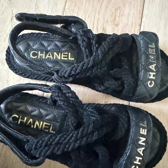 CHANEL Black Quilted Rope Sandals with Gold Logo - Picture 2 of 9